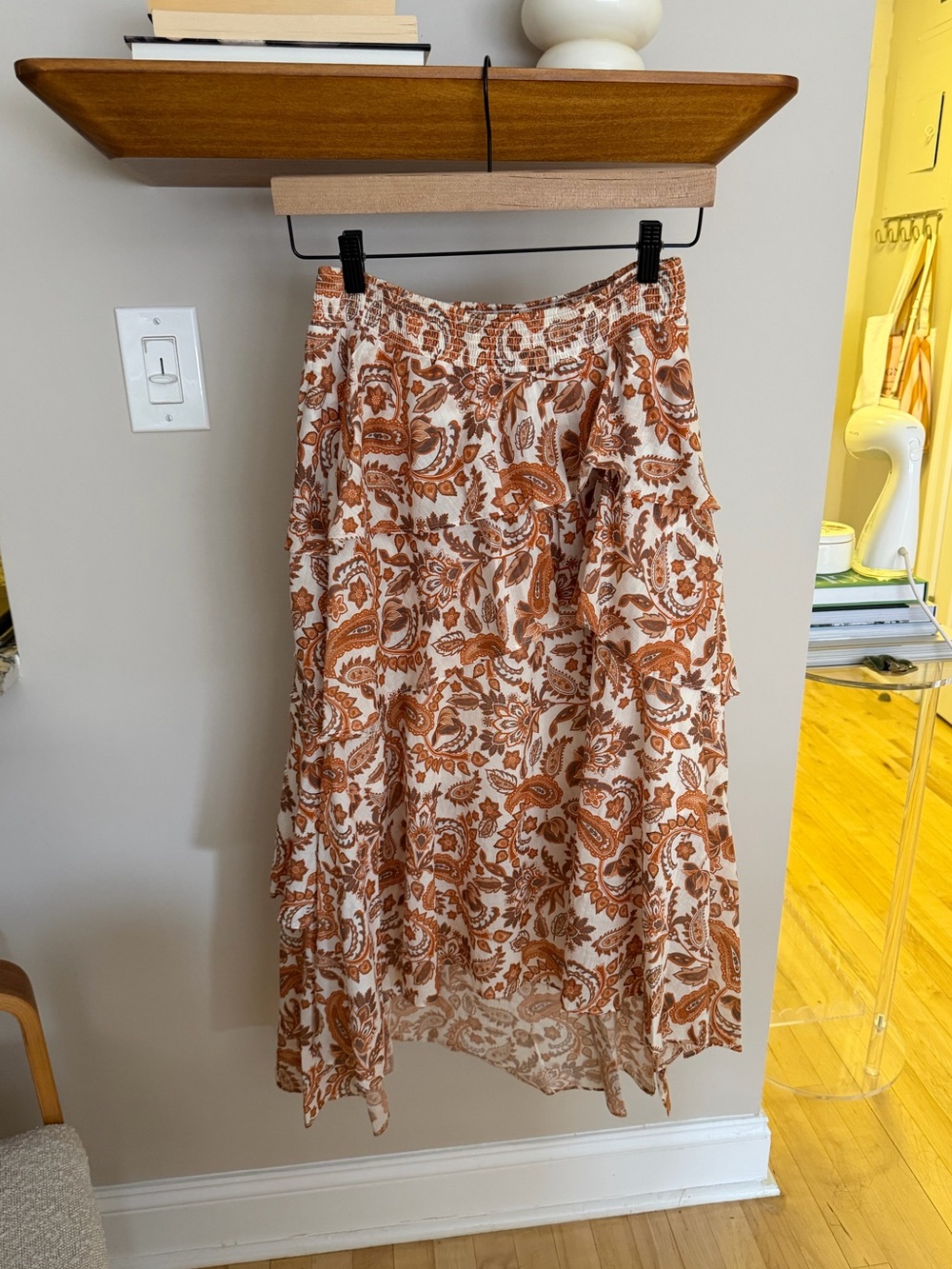 Maje Ruffled Paisley Midi Skirt - Orange and White XS